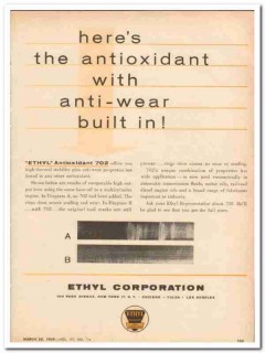 Ethyl Corp 1959 Vintage Ad Oil Antioxident 702 Anti-Wear Properties Ethyl Corp 1959 Vintage Ad Oil Antioxident 702 Anti-Wear Properties