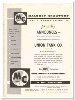 Maloney-Crawford Tank Mfg Company 1959 Vintage Ad Union Acquisition Maloney-Crawford Tank Mfg Company 1959 Vintage Ad Union Acquisition
