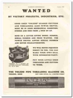 toledo pipe threading machine company 1942 wanted victory vintage ad