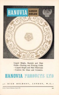 hanovia products ltd 1953 liquid golds ceramics pottery vintage ad