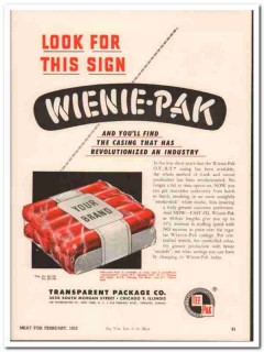 transparent package company 1952 wienie-pak meat casing vintage ad