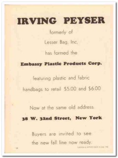 embassy plastic products corp 1946 irving peyser handbag vintage ad