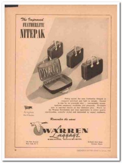 Warren Luggage Company 1946 Vintage Ad Featherlite Nitepak Improved