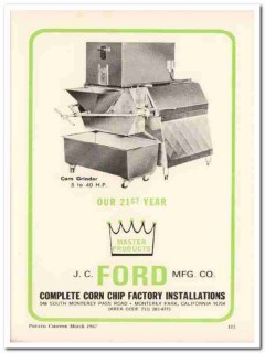 j c ford mfg company 1967 corn grinder chip snack food vintage ad