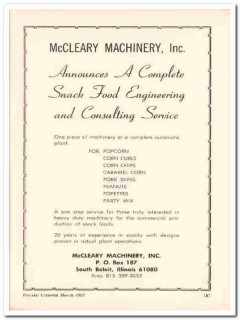 mccleary machinery inc 1967 complete snack food equipment vintage ad