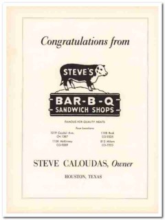 steves bar-b-q sandwich shops 1953 caloudas quality meats vintage ad