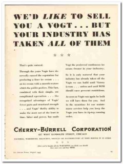 Cherry-Burrell Corp 1943 vintage ad ice cream sell Vogt industry taken