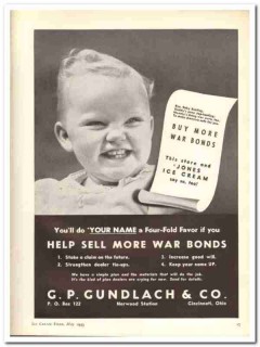 G P Gundlach Company 1943 Vintage Ad Ice Cream war bonds help sell G P Gundlach Company 1943 Vintage Ad Ice Cream war bonds help sell