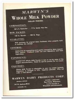 Marwyn Dairy Products Corp 1943 vintage ad ice cream whole milk powder Marwyn Dairy Products Corp 1943 vintage ad ice cream whole milk powder
