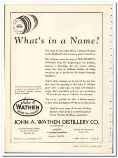 John A Wathen Distillery Company 1935 vintage whiskey ad Bourbon name