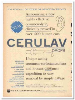 G F Harvey Company 1959 vintage medical ad Cerulav cerumen removal ear