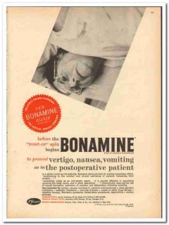 Chas Pfizer Company 1959 vintage medical ad Bonamine post-op spins Chas Pfizer Company 1959 vintage medical ad Bonamine post-op spins