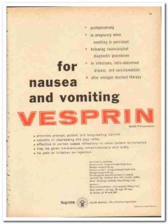 E R Squibb Sons 1959 vintage medical ad Vesprin nausea vomiting