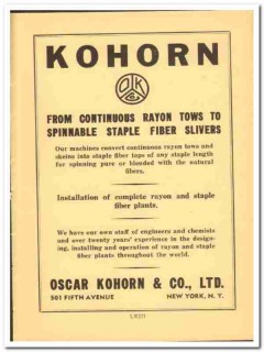 Oscar Kohorn Company 1941 vintage textile ad rayon tows staple fiber Oscar Kohorn Company 1941 vintage textile ad rayon tows staple fiber