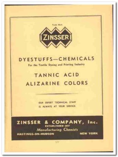 Zinsser Company 1941 vintage chemical ad textile dyestuffs tannic acid Zinsser Company 1941 vintage chemical ad textile dyestuffs tannic acid