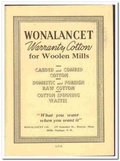 Wonalancet Company 1938 vintage textile ad warranty cotton woolen mill