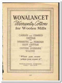 Wonalancet Company 1948 vintage textile ad Warranty Cotton Woolen Mill