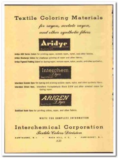 Interchemical Corp 1952 vintage ad textile Coloring Aridye Arigen dyes Interchemical Corp 1952 vintage ad textile Coloring Aridye Arigen dyes