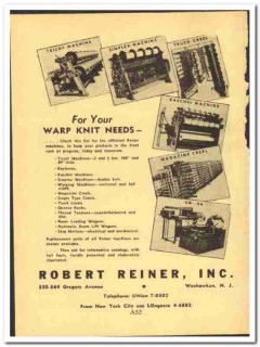 Robert Reiner Inc 1952 vintage textile ad Warp Knit Machines Tricot