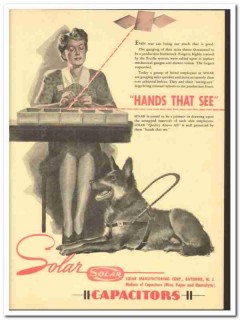 Solar Mfg Corp 1943 vintage electrical ad capacitors hands see