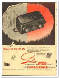 Solar Mfg Corp 1943 vintage electrical ad capacitors freeze fry