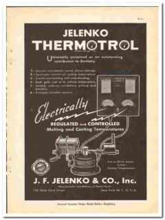 J F Jelenko Company 1938 vintage dental ad Thermotrol casting machine
