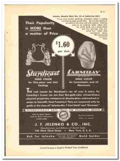 J F Jelenko Company 1938 vintage dental ad Sturdicast Carmilay gold