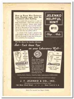 J F Jelenko Company 1938 vintage dental ad wax patterns investment
