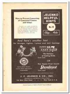 J F Jelenko Company 1938 vintage dental ad cemented crowns inlays