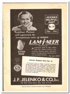 J F Jelenko Company 1938 vintage dental ad Lam-i-Neer crowns inlays