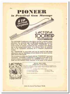 Lactona Inc 1938 vintage dental ad Toothtip toothbrush gum massage