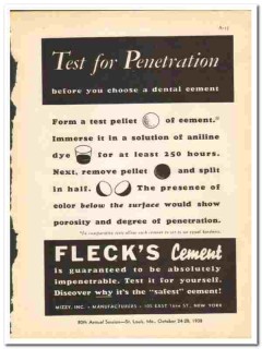 Mizzy Inc 1938 vintage dental ad Flecks Cement penetration test