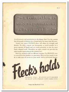 Mizzy Inc 1938 vintage dental ad Flecks Cement restoration holds