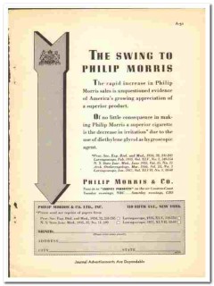 Philip Morris Company 1938 vintage dental ad smoke cigarettes swing Philip Morris Company 1938 vintage dental ad smoke cigarettes swing