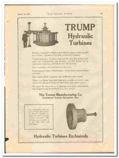 Trump Mfg Company 1921 vintage electrical ad hydraulic turbines