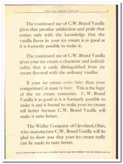 Widlar Company 1921 vintage ice cream ad CW Brand Vanilla flavor