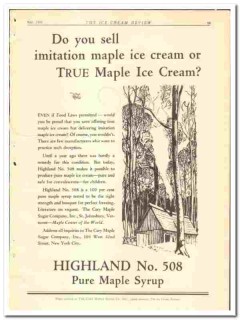 Cary Maple Sugar Company 1928 vintage ice cream ad Highland Pure Syrup