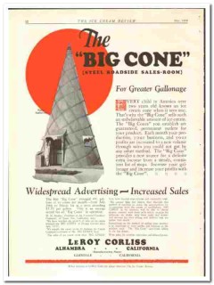 LeRoy Corliss 1928 vintage ice cream ad Big Cone steel roadside sales