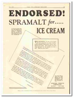Schreiber Products Company 1928 vintage ice cream ad Spramalt endorsed