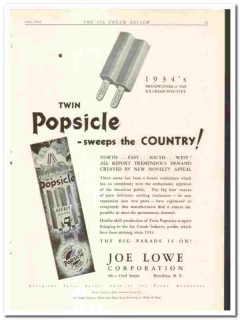 Joe Lowe Corp 1934 vintage ice cream ad Twin Popsicle sweeps country