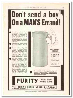 Purity Paper Vessels Company 1934 vintage ice cream ad Cans Purity Paper Vessels Company 1934 vintage ice cream ad Cans