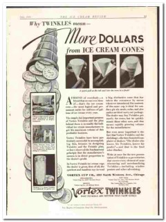 Vortex Cup Company 1934 vintage ice cream ad Twinkles cones dollars