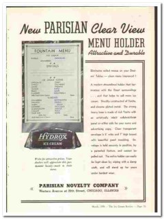 Parisian Novelty Company 1938 vintage ice cream ad menu holder Parisian Novelty Company 1938 vintage ice cream ad menu holder
