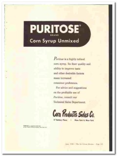 Corn Products Sales Company 1949 vintage ice cream ad Puritose syrup Corn Products Sales Company 1949 vintage ice cream ad Puritose syrup