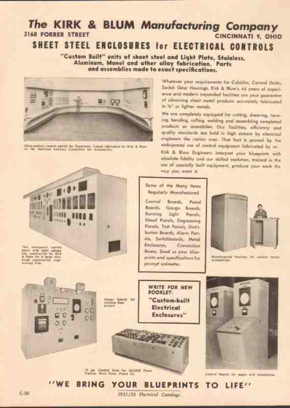 kirk blum mfg company 1952 vintage catalog custom control enclosures